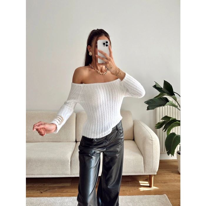 Kayık Yaka Yumoş Crop - BEYAZ