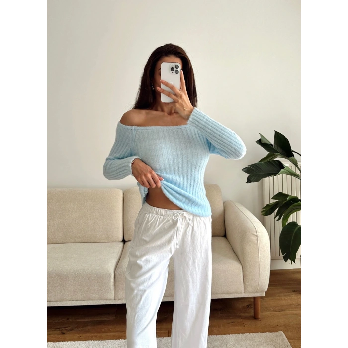 Kayık Yaka Yumoş Crop - MAVİ