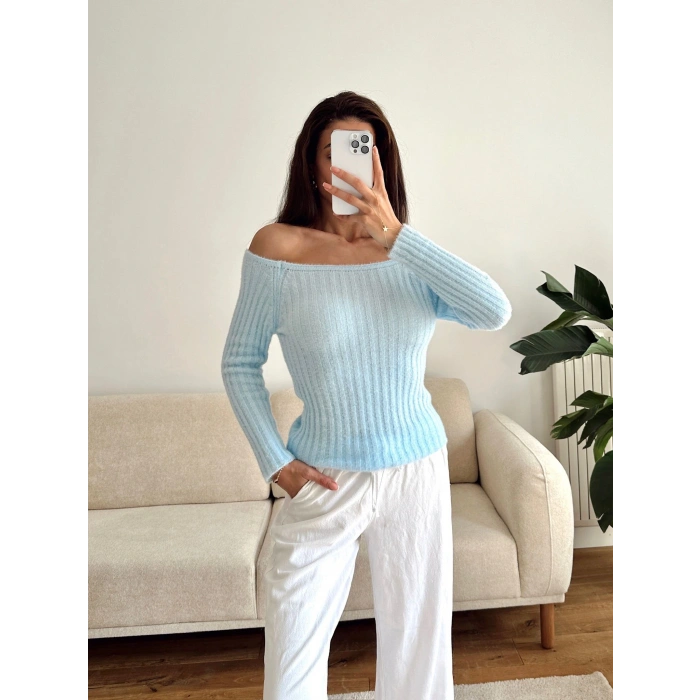 Kayık Yaka Yumoş Crop - MAVİ