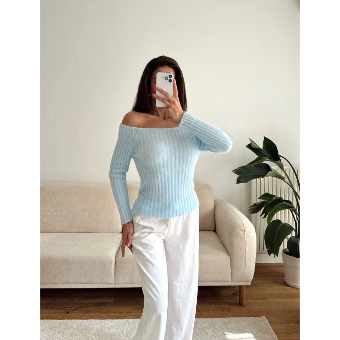 Kayık Yaka Yumoş Crop - MAVİ