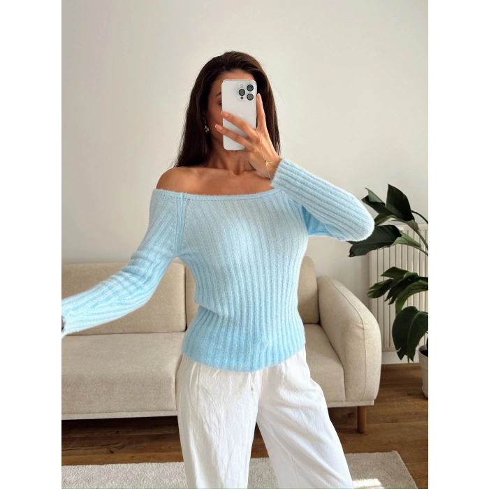 Kayık Yaka Yumoş Crop - MAVİ