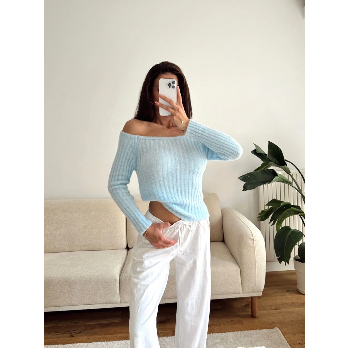 Kayık Yaka Yumoş Crop - MAVİ