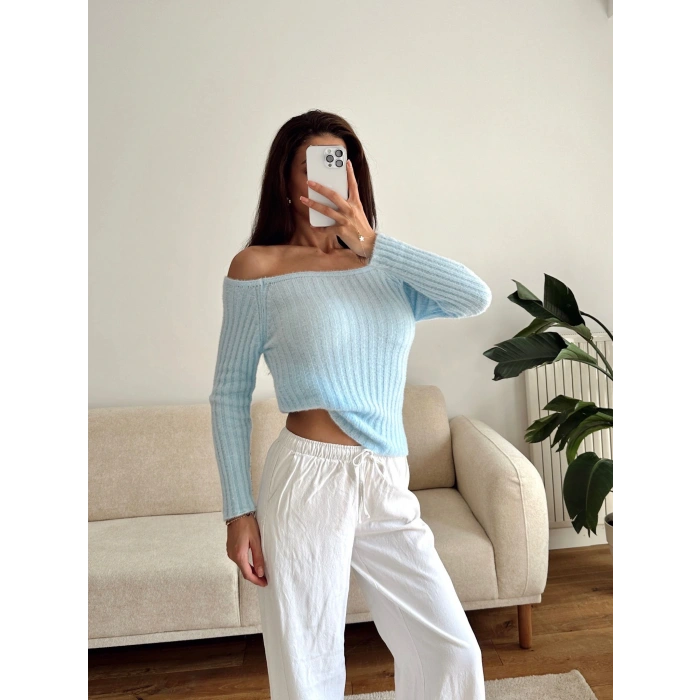Kayık Yaka Yumoş Crop - MAVİ