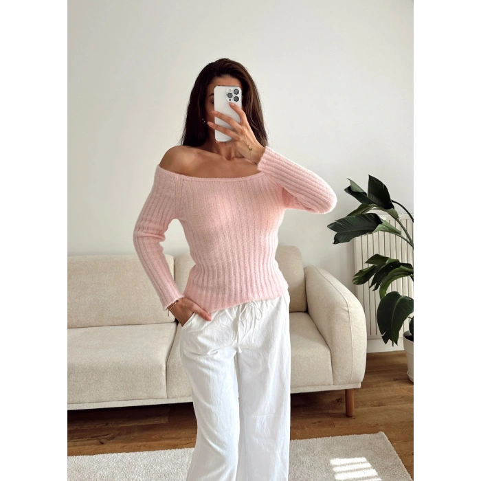 Kayık Yaka Yumoş Crop - PEMBE
