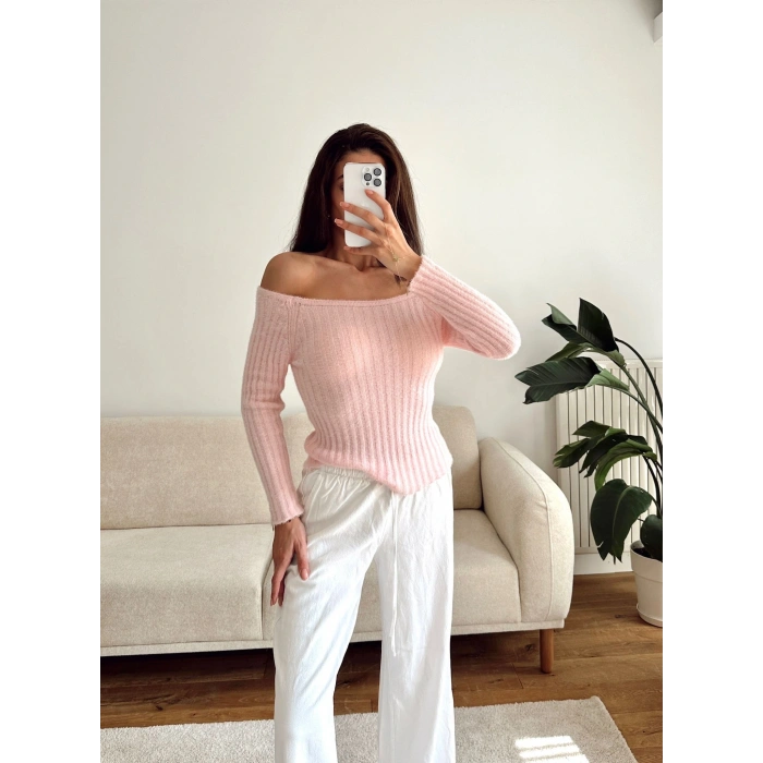 Kayık Yaka Yumoş Crop - PEMBE