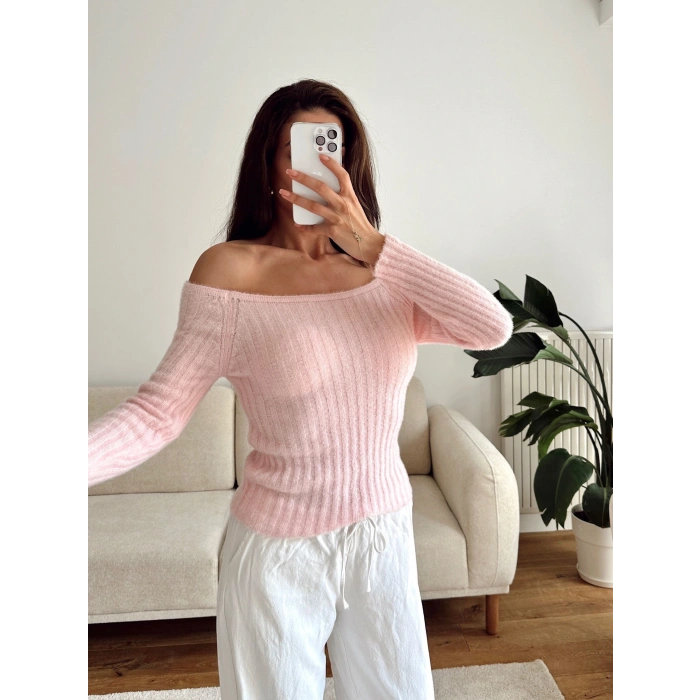 Kayık Yaka Yumoş Crop - PEMBE