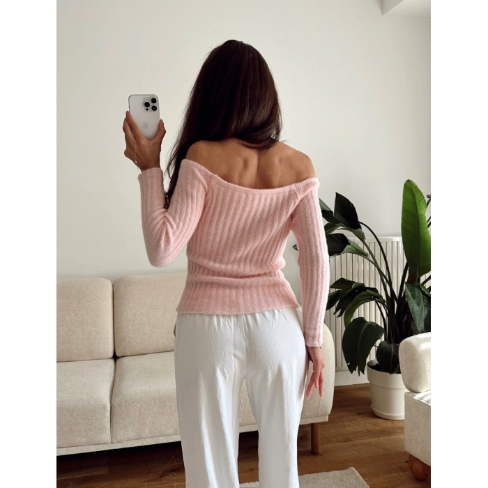 Kayık Yaka Yumoş Crop - PEMBE