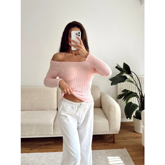 Kayık Yaka Yumoş Crop - PEMBE
