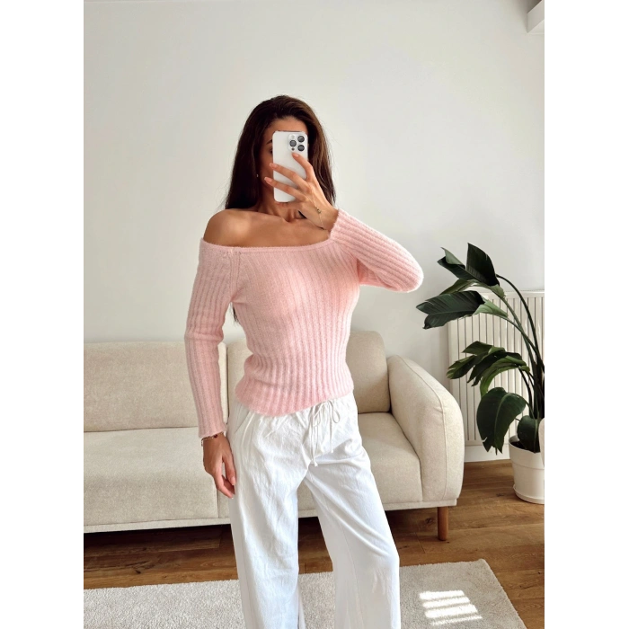 Kayık Yaka Yumoş Crop - PEMBE