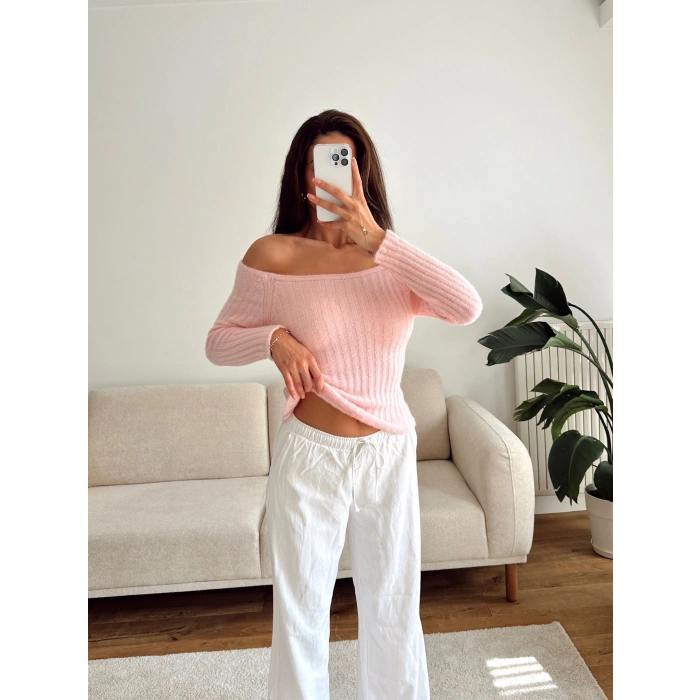 Kayık Yaka Yumoş Crop - PEMBE