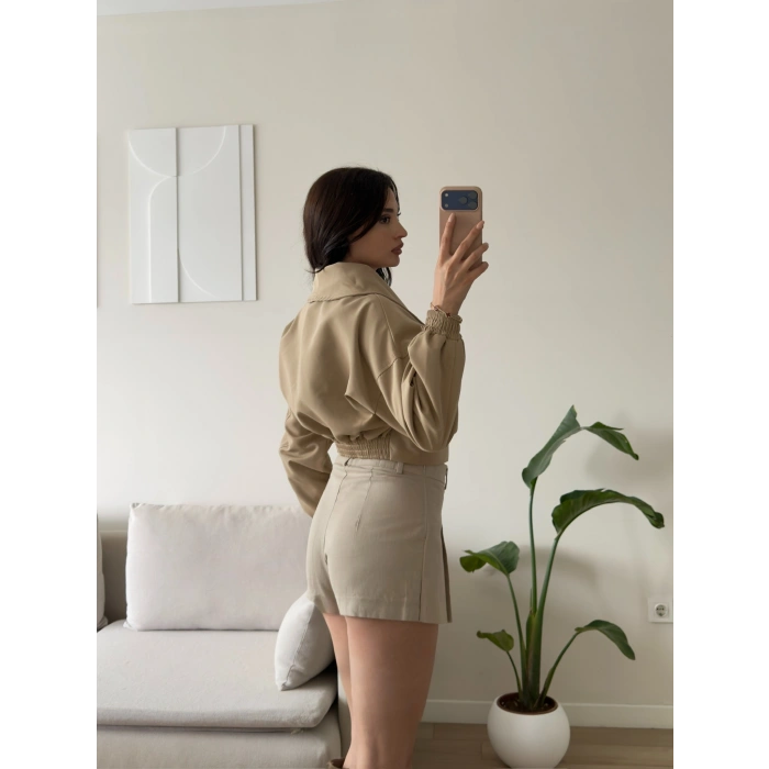 Kemerli Kruvaze Crop Ceket - BEJ