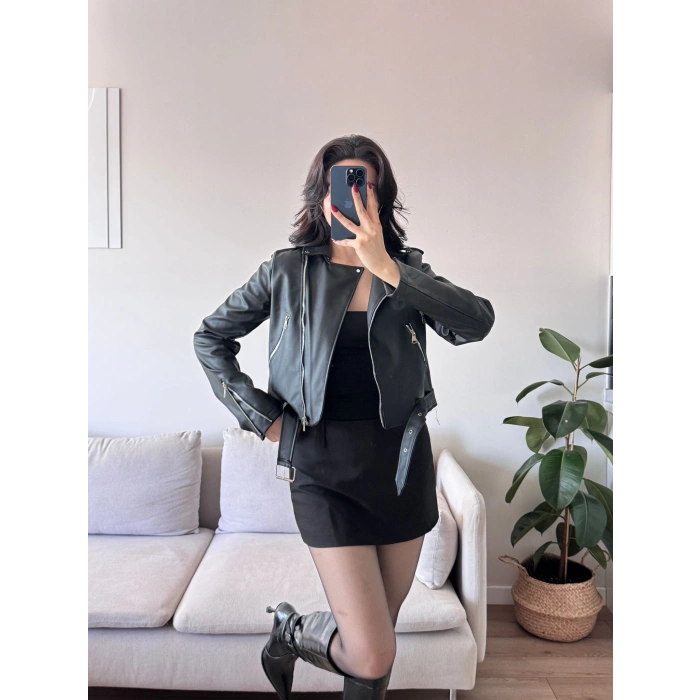 Kemerli Biker Deri Ceket