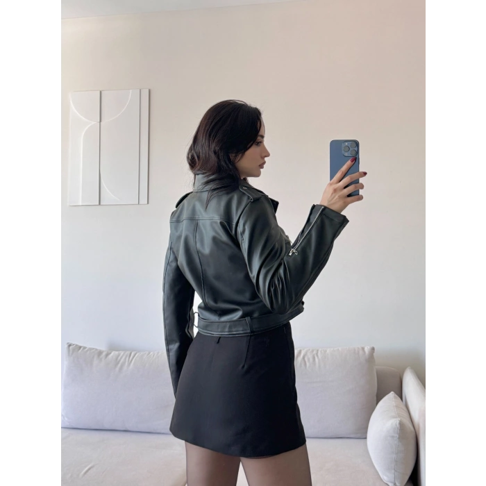 Kemerli Biker Deri Ceket