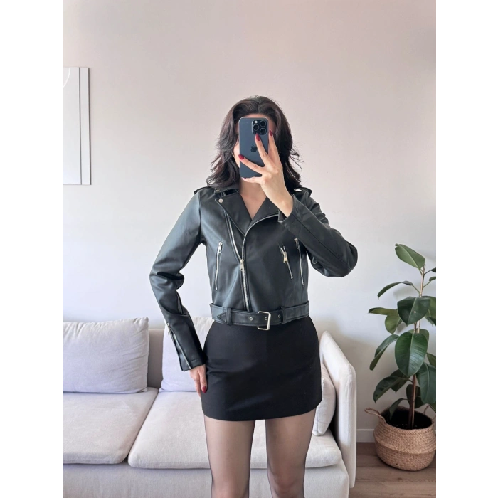 Kemerli Biker Deri Ceket