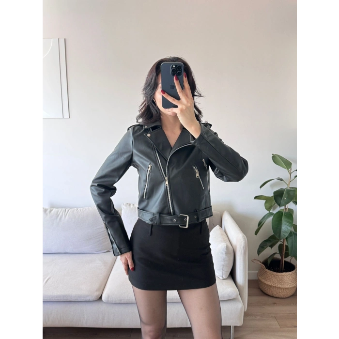 Kemerli Biker Deri Ceket