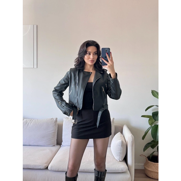 Kemerli Biker Deri Ceket