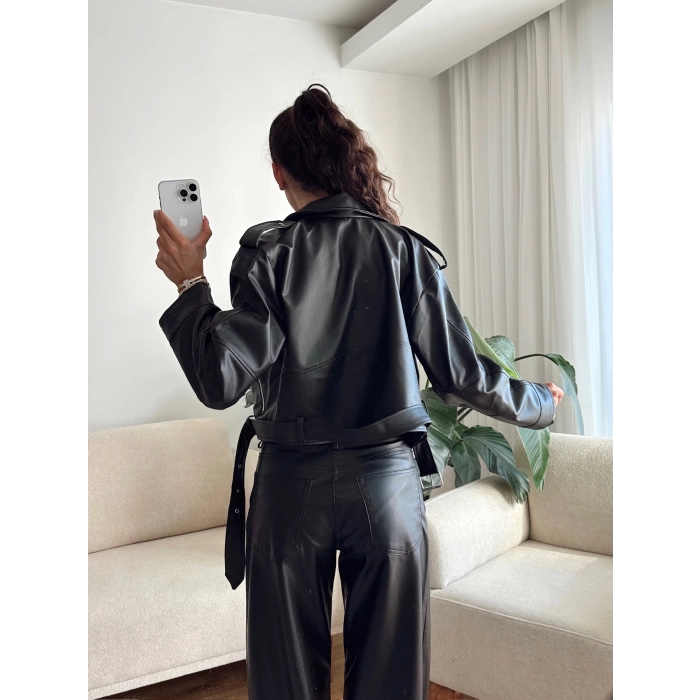 Kemerli Biker Deri Ceket - SİYAH