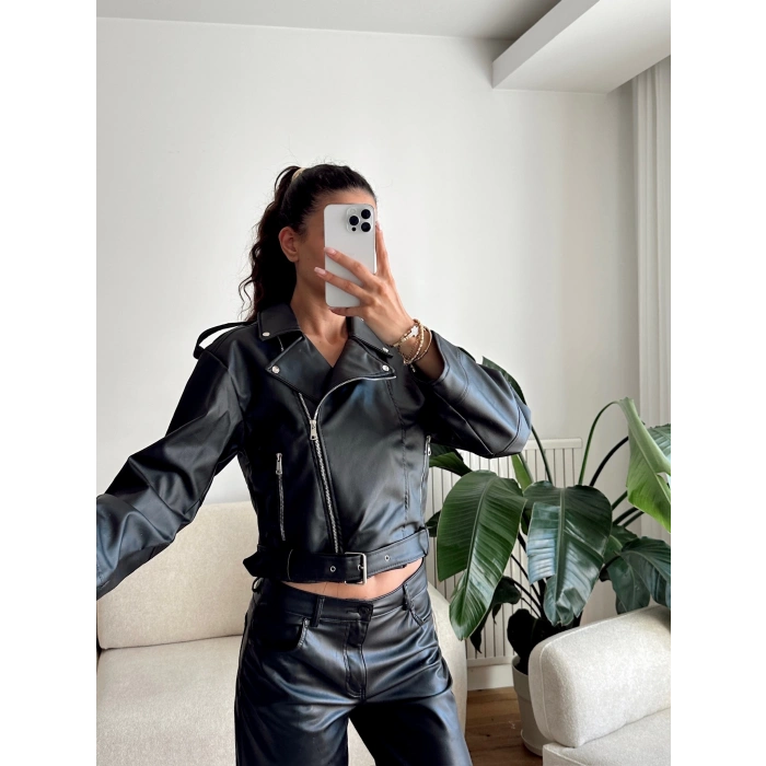 Kemerli Biker Deri Ceket - SİYAH
