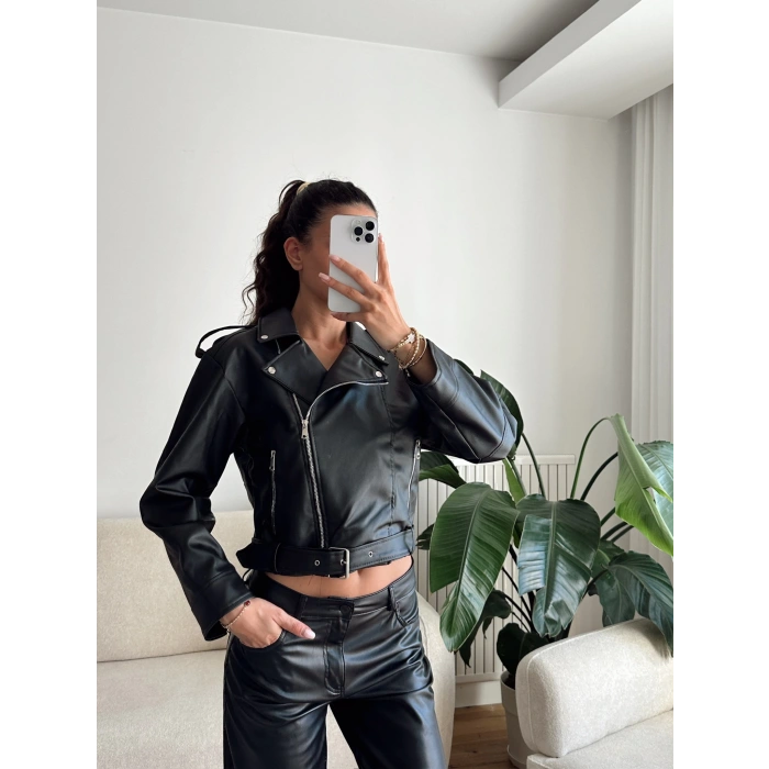 Kemerli Biker Deri Ceket - SİYAH