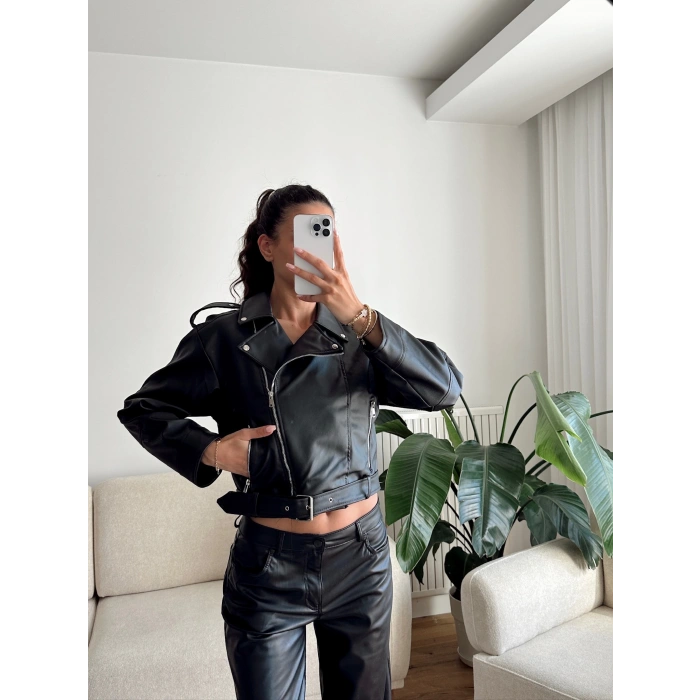 Kemerli Biker Deri Ceket - SİYAH