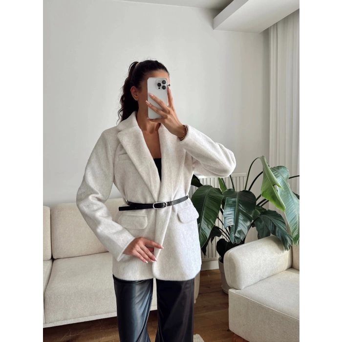 Kemerli Blazer Ceket - BEYAZ