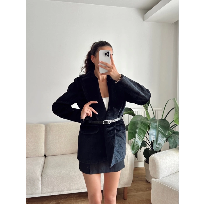 Kemerli Blazer Ceket - SİYAH