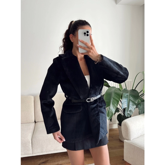 Kemerli Blazer Ceket - SİYAH