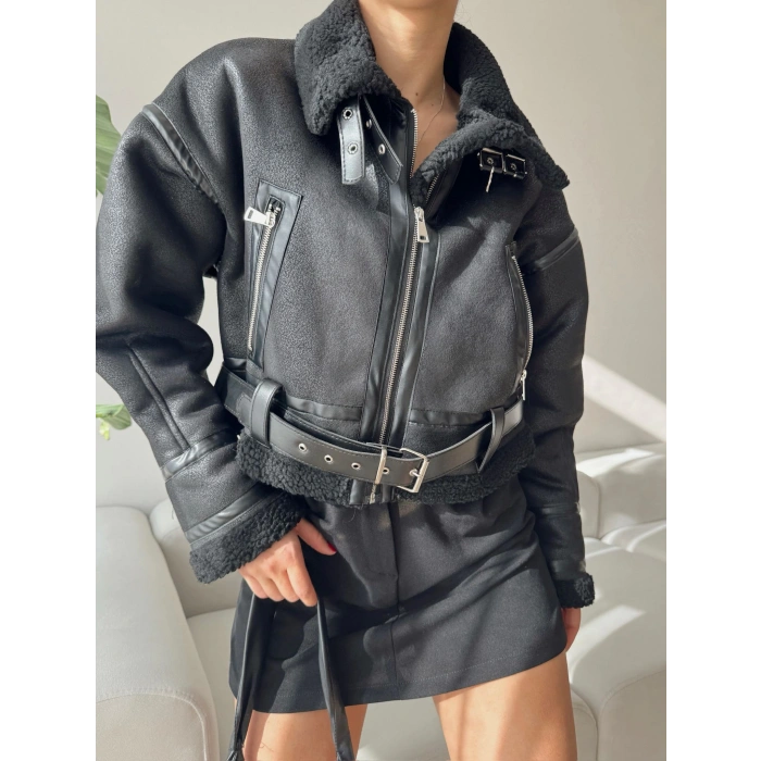 Kemerli İçi Kürklü Deri Mont