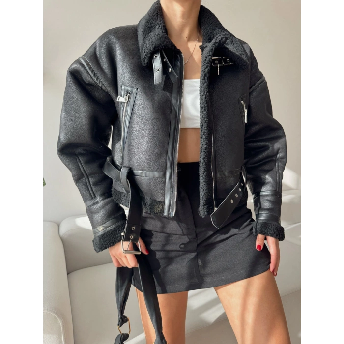 Kemerli İçi Kürklü Deri Mont