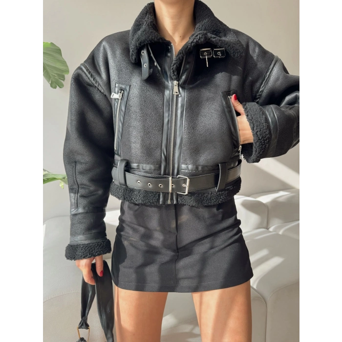 Kemerli İçi Kürklü Deri Mont