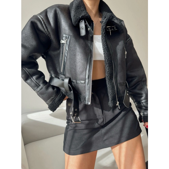 Kemerli İçi Kürklü Deri Mont