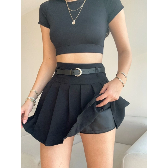 Kemerli Pileli Kloş Şort Etek-SİYAH