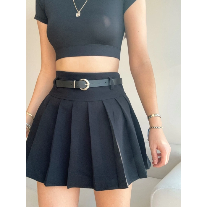 Kemerli Pileli Kloş Şort Etek-SİYAH