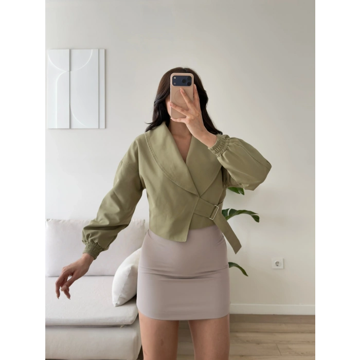 Kemerli Kruvaze Crop Ceket - HAKİ