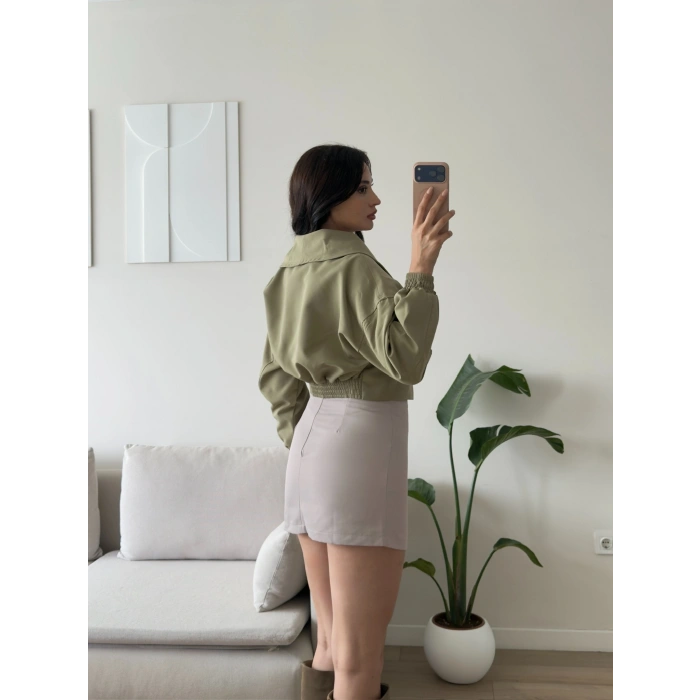 Kemerli Kruvaze Crop Ceket - HAKİ