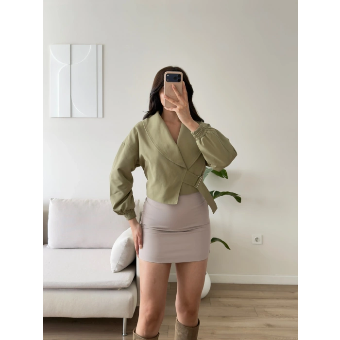 Kemerli Kruvaze Crop Ceket - HAKİ