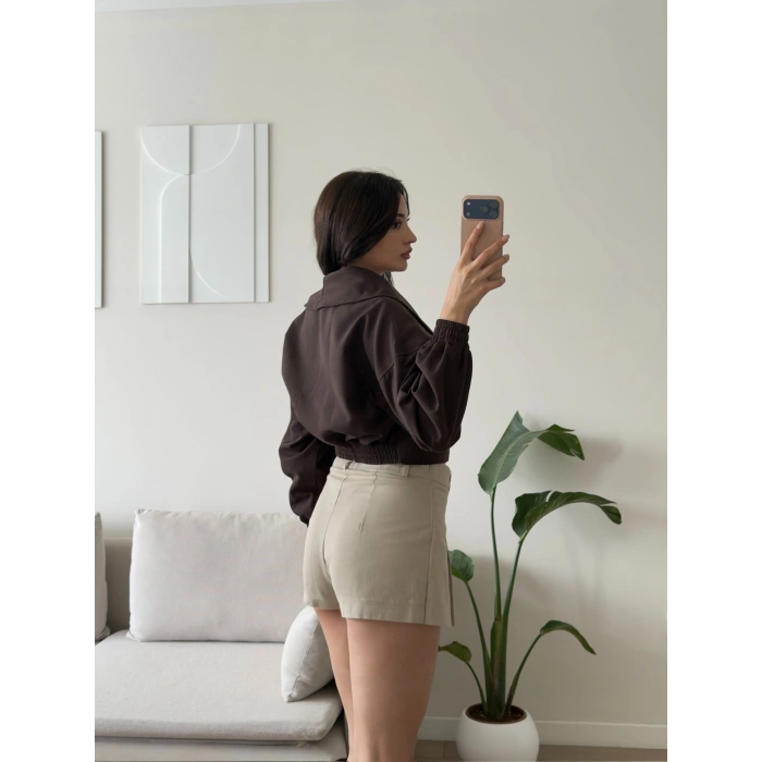 Kemerli Kruvaze Crop Ceket - KAHVE