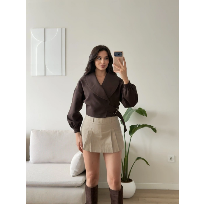 Kemerli Kruvaze Crop Ceket - KAHVE