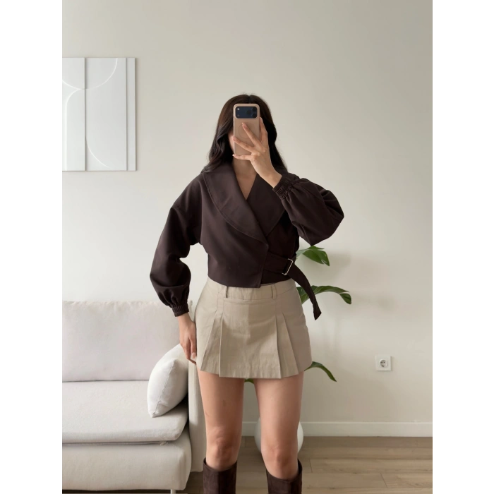 Kemerli Kruvaze Crop Ceket - KAHVE