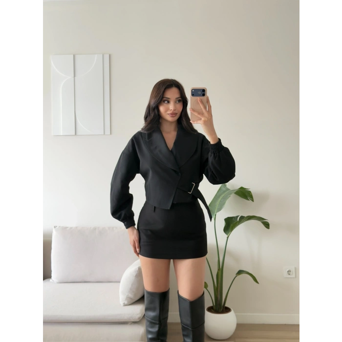 Kemerli Kruvaze Crop Ceket - SİYAH