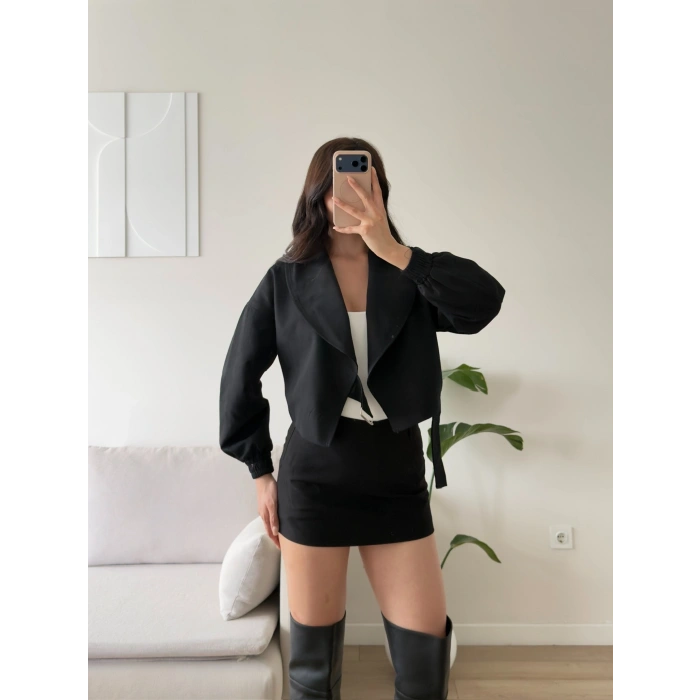 Kemerli Kruvaze Crop Ceket - SİYAH