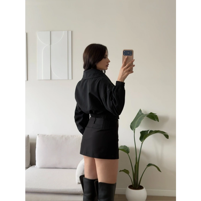 Kemerli Kruvaze Crop Ceket - SİYAH