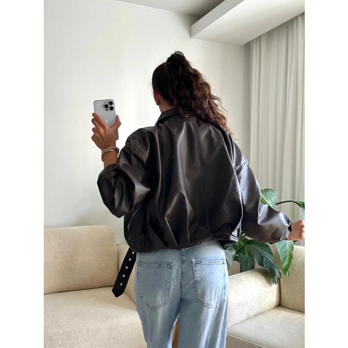 Kemerli Oversize Deri Ceket - ACI KAHVE