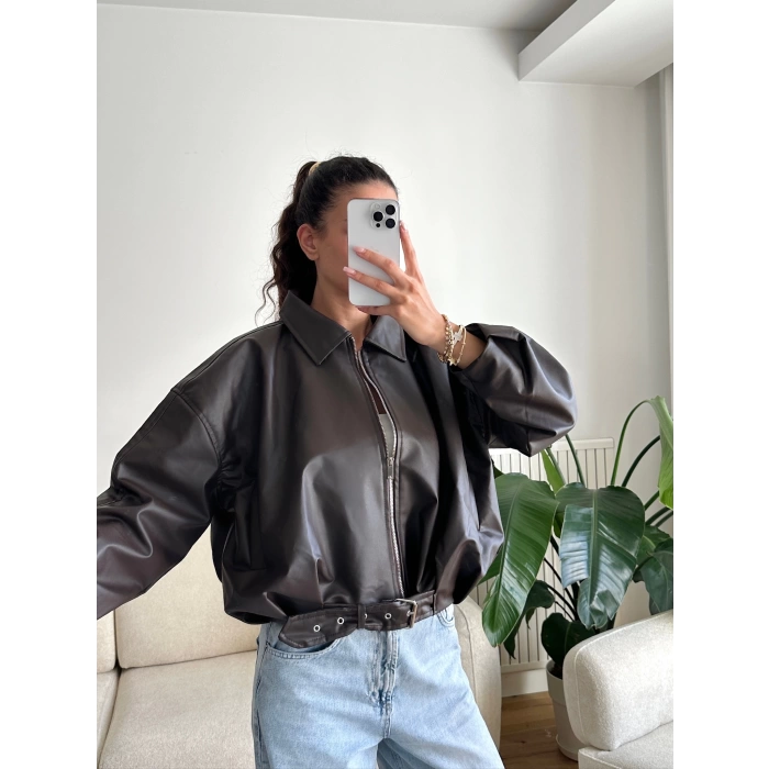 Kemerli Oversize Deri Ceket - ACI KAHVE