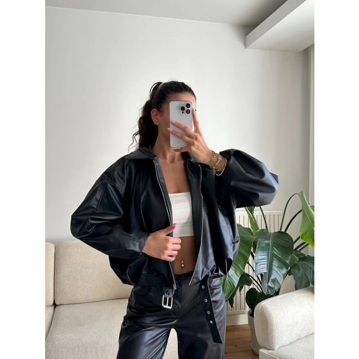 Kemerli Oversize Deri Ceket - SİYAH