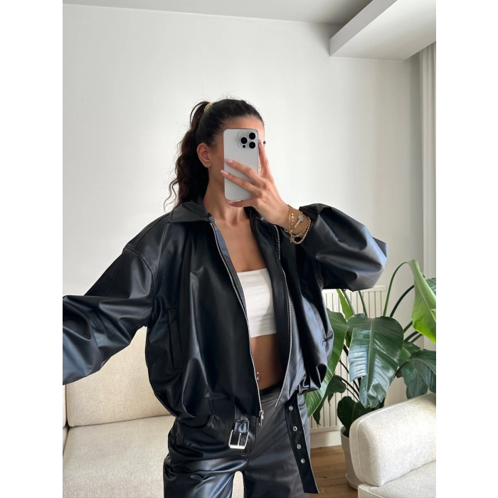 Kemerli Oversize Deri Ceket - SİYAH