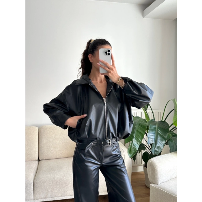 Kemerli Oversize Deri Ceket - SİYAH