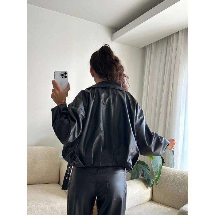 Kemerli Oversize Deri Ceket - SİYAH