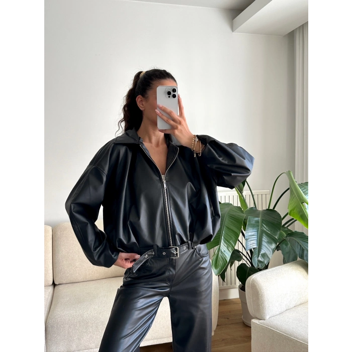 Kemerli Oversize Deri Ceket - SİYAH