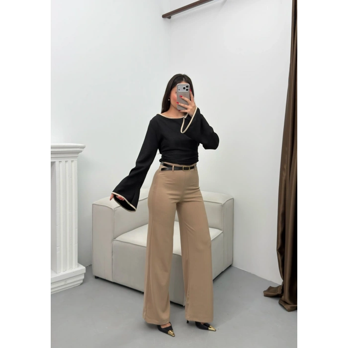 Kemerli Scuba Palazzo Pantolon - BEJ